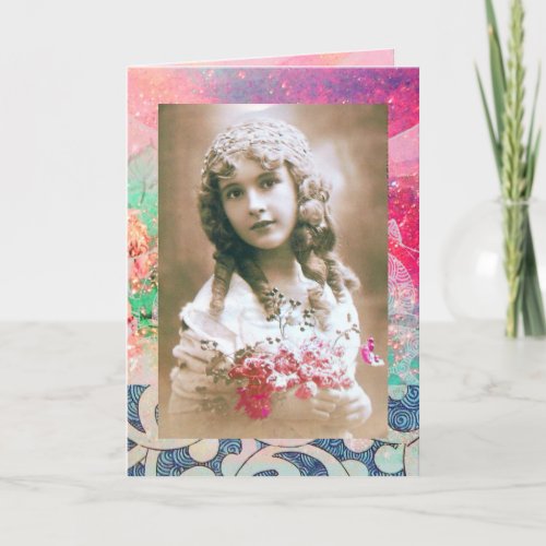VINTAGE GIRL WITH FLOWERS HOLIDAY CARD