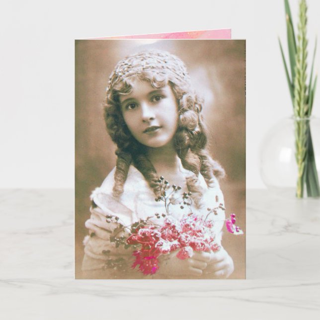VINTAGE GIRL WITH FLOWERS HOLIDAY CARD (Front)