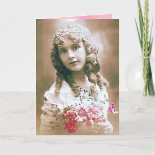 VINTAGE GIRL WITH FLOWERS HOLIDAY CARD