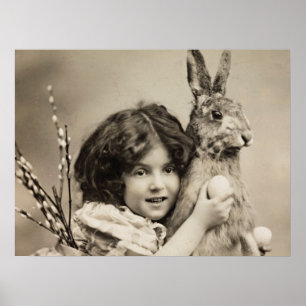 Vintage girl with giant Easter bunny Poster