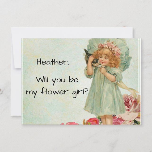 Vintage Girl With Kitten Flower Girl Proposal Invitation (Front)