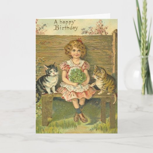 Vintage Girl with Kittens Birthday Card