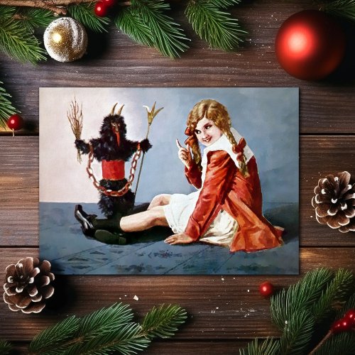 Vintage Girl with Krampus Christmas Card