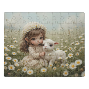 Vintage Girl with Lamb in Meadow Spring Jigsaw Puzzle
