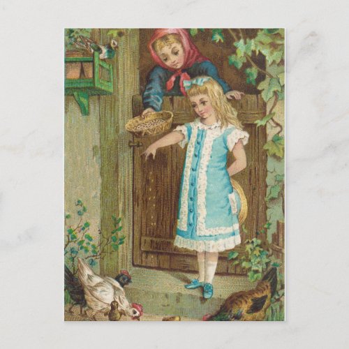 Vintage Girl With Mother Feeding Chickens Postcard