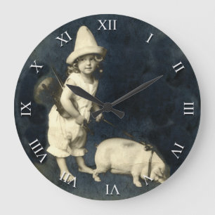 Vintage Girl with Pig and Violin Clock