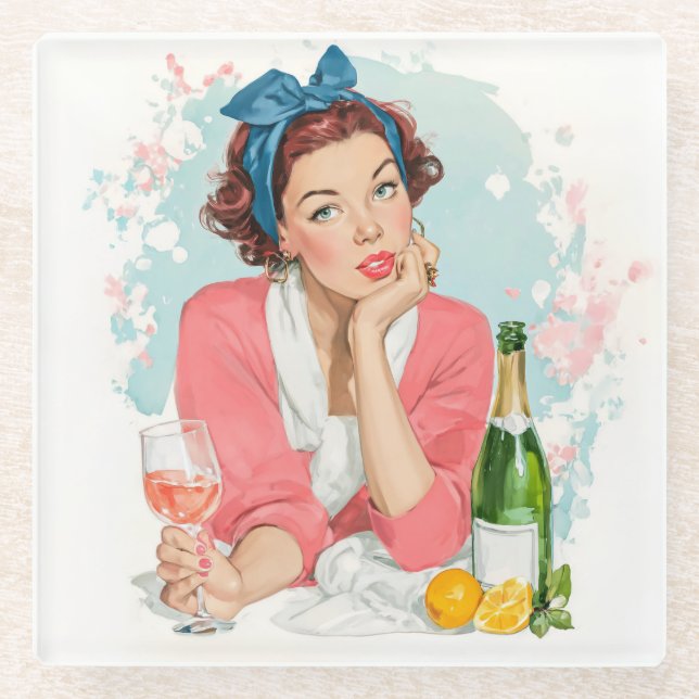 Vintage Girl with Pink Champagne Glass Coaster (Front)