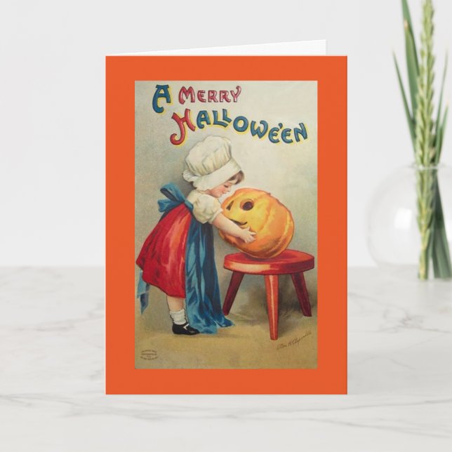 Vintage Girl With Pumpkin Card (Front)