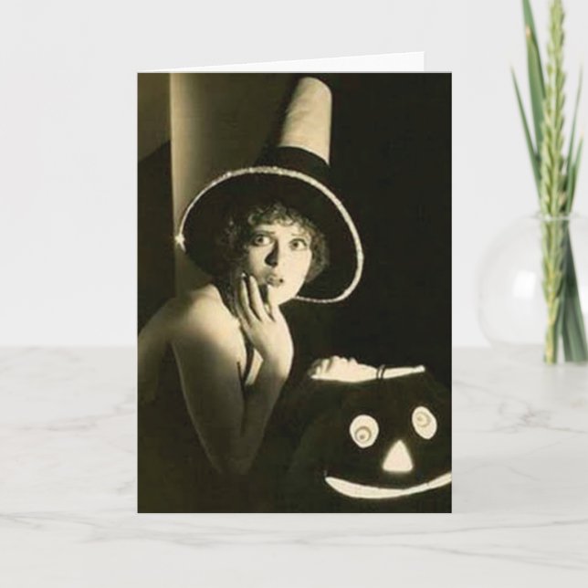 Vintage  Girl with Pumpkin Halloween Greeting Card (Front)