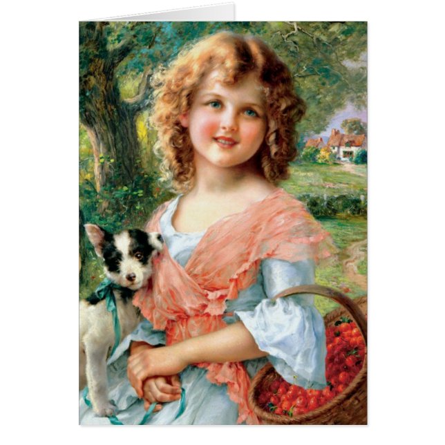 Vintage Girl With Puppy Note Card (Front)