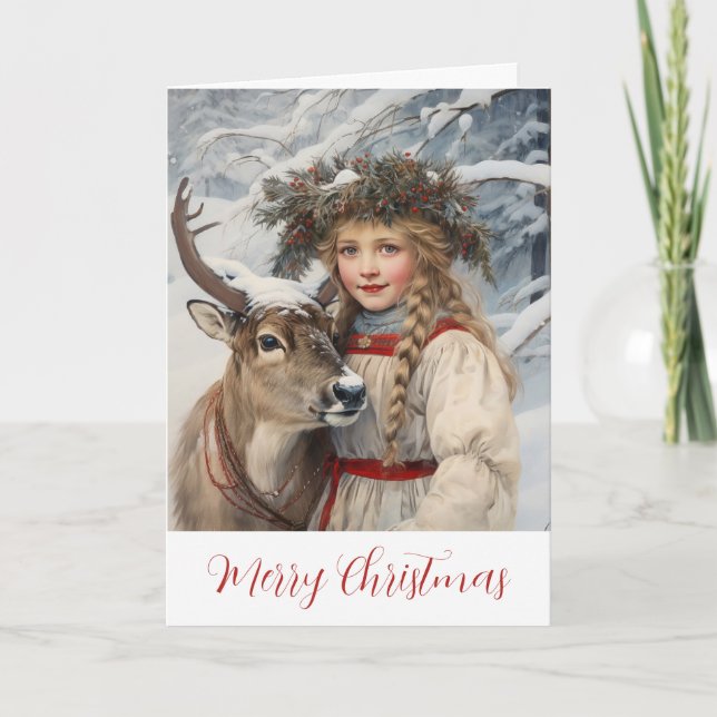 Vintage Girl with Reindeer Christmas Card (Front)