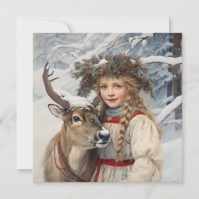 Vintage Girl with Reindeer Christmas Card (Front)