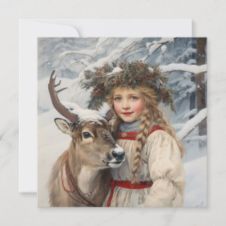 Vintage Girl with Reindeer Christmas Card