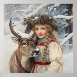 Vintage Girl with Reindeer Poster<br><div class="desc">We love our cheerful little vintage Christmas girl with her very own reindeer,  out in the snowy woods on Christmas Eve. She is dressed for the winter holidays in her lovely dress with an adorable Christmas wreath crown. We hope you adore her,  too.</div>