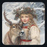 Vintage Girl with Reindeer Square Sticker<br><div class="desc">A lovely little vintage miss with her reindeer out in the forest snow on Christmas. We hope you adore this holiday sticker and put it on lots of gifts and packages.</div>