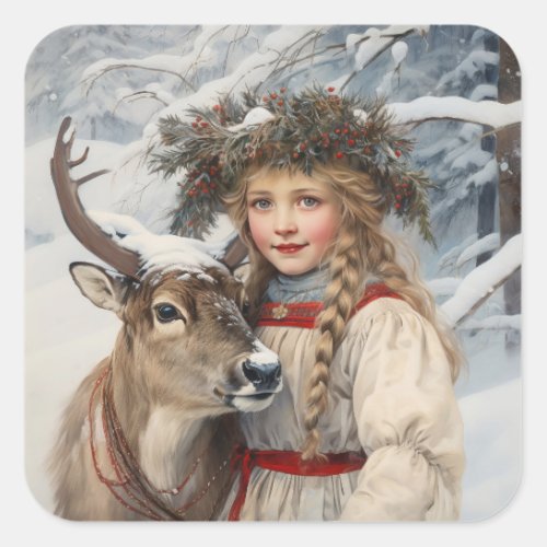 Vintage Girl with Reindeer Square Sticker