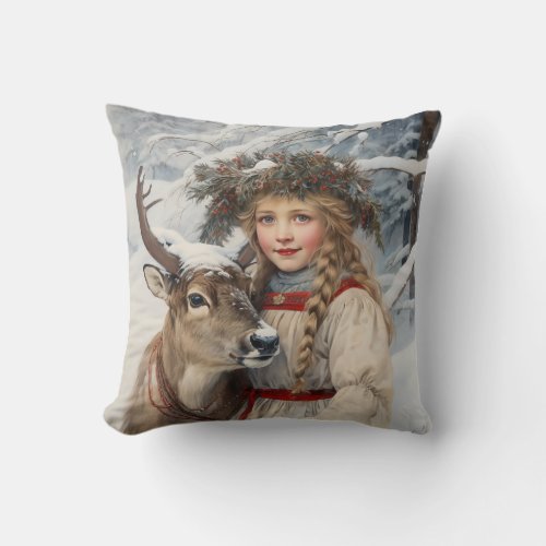 Vintage Girl with Reindeer Throw Pillow