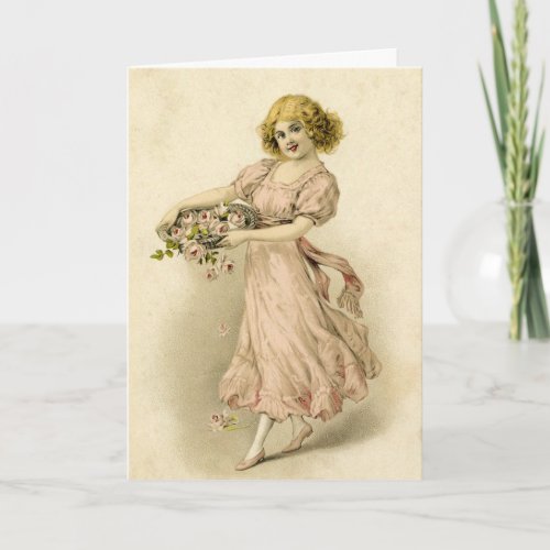 Vintage Girl With Roses Card