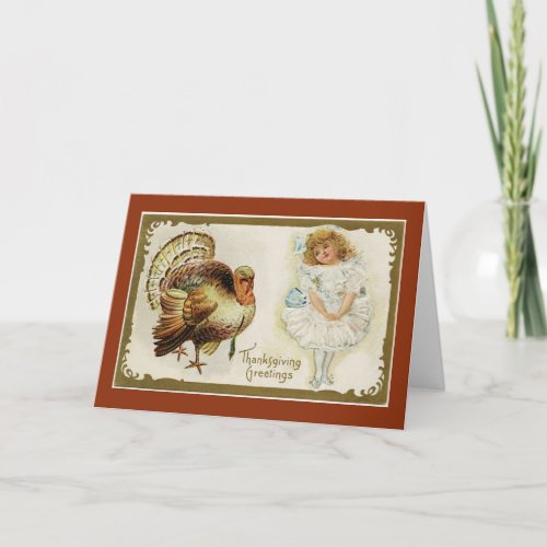 Vintage Girl With Turkey Holiday Card