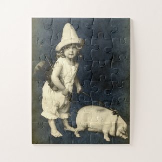 Vintage Girl with Violin and Pig Jigsaw Puzzle