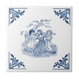 Vintage Girls Dancing Ring  Delft Blue & White Ceramic Tile