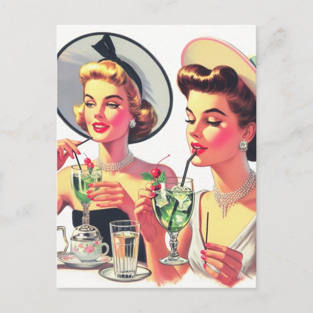 Vintage Girls Drink Illustration Postcard (Front)