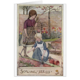 Vintage - Girls Gardening & Sowing Seeds,