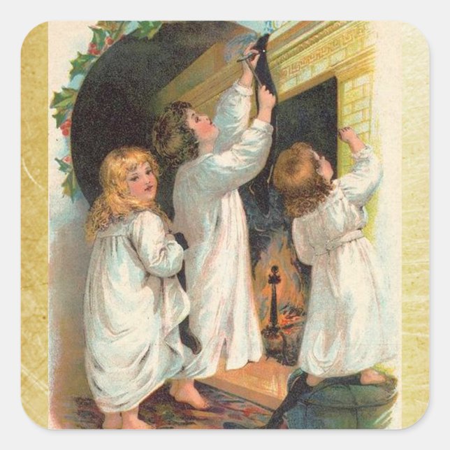 Vintage Girls Hanging Christmas Stockings Sticker (Front)