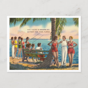 Vintage Girls in Swimsuits Fishing Miami Florida Postcard