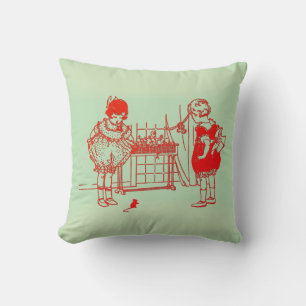 Vintage Girls Playing with Mouse Green and White Throw Pillow