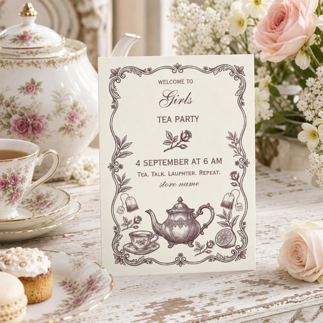 Vintage Girls Tea Party Invitation (#TeaParty #VintageTeaParty #GirlsTeaParty #Cottagecore #ShabbyChic #TeaAesthetic#PartyIdeas#Feminine)