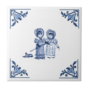 Vintage Girls & Toy Car Delft Corner Blue & White Ceramic Tile