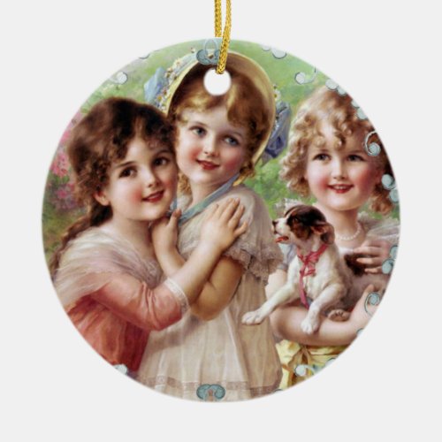 Vintage Girls with Puppy Ceramic Ornament