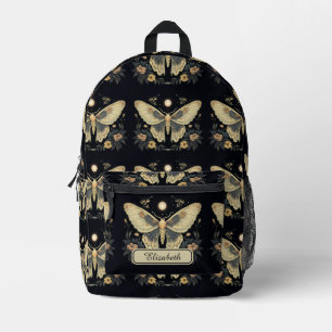 Vintage Girly Black Boho Floral Luna Moth Floral Printed Backpack