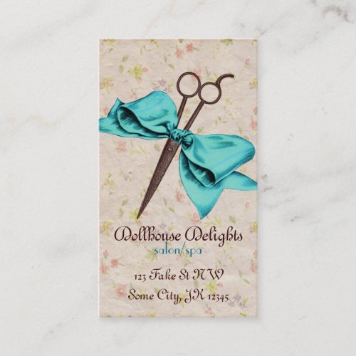 vintage girly hair stylist blue bow floral shears loyalty card