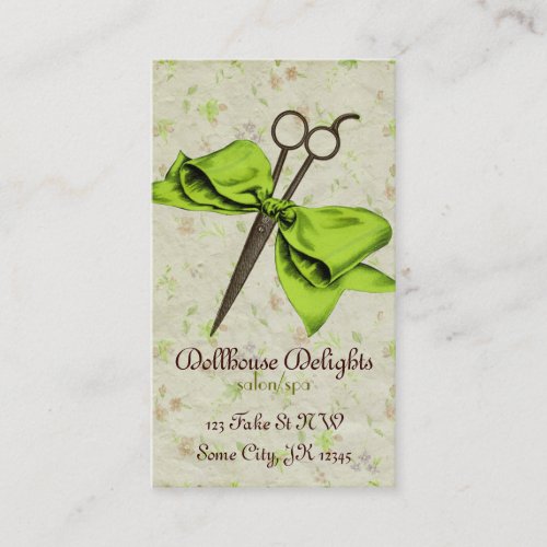 vintage girly hair stylist floral green bow shears business card