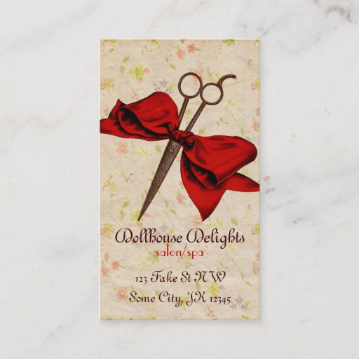 Customizable vintage girly hair stylist floral red bow shears business card template