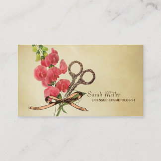 vintage girly hair stylist floral scissors pink business card