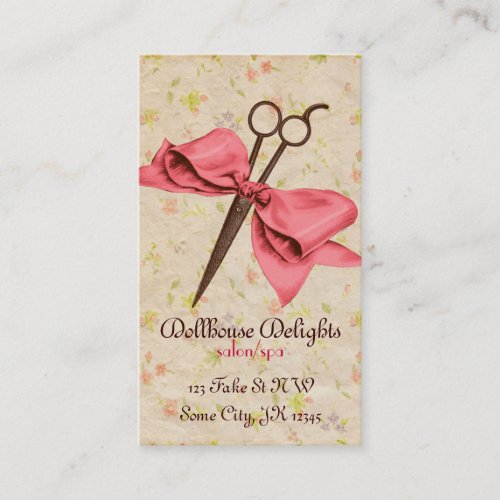 vintage girly hair stylist pink bow floral shears business card