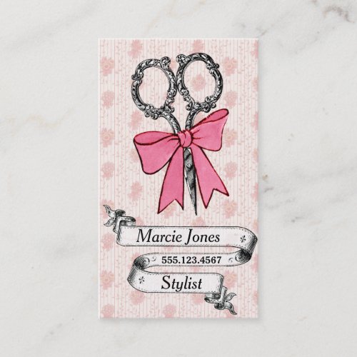 vintage girly hair stylist pink bow shears business card