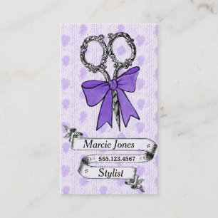 vintage girly hair stylist purple bow shears business card