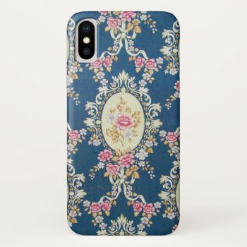 Vintage Girly Navy Blue Pink White Floral Pattern Iphone X Case by kicksdesign at Zazzle