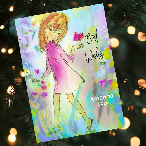 Vintage girly pink Christmas new year greeting  Holiday Card