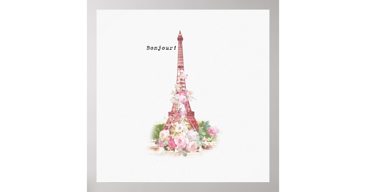 Vintage Girly Pink Flowers Paris Eiffel Tower Poster Zazzle Com
