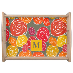 Vintage girly roses floral pattern monogram serving tray