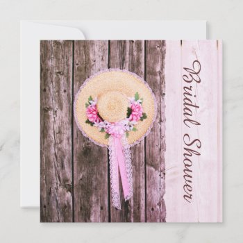 Vintage Girly Straw Bonnet On Rustic Wood Invitation by justbecauseiloveyou at Zazzle