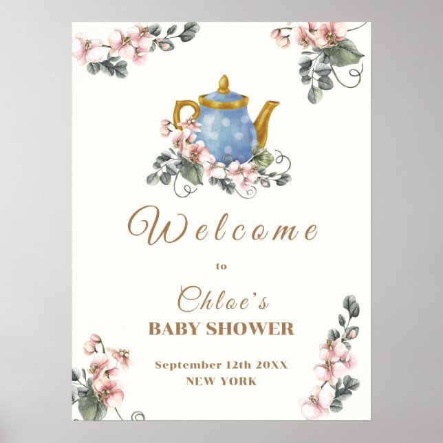 Vintage Girly Wildflower Tea Baby Shower Welcome  Poster (Front)