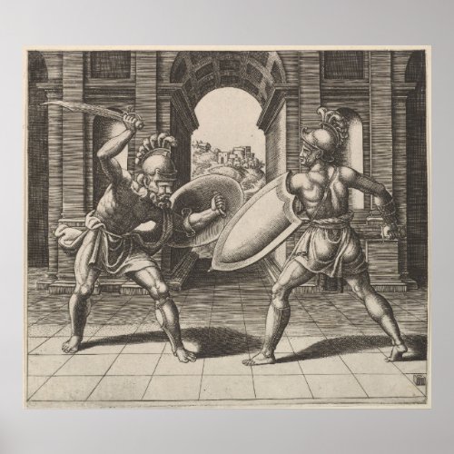 Vintage Gladiator Sword Fight Illustration 1560 Poster