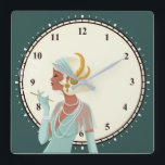 Vintage Glam 1920s Lady Minutes Numbers Turquoise Square Wall Clock<br><div class="desc">Vintage twenties glam with this illustration of a 1920s lady in teal dress holding a cigarette,  with a cream backdrop and Dark turquoise around the edge,  with numbers and minutes. Also available as round.</div>