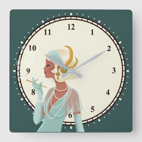 Vintage Glam 1920s Lady Minutes Numbers Turquoise Square Wall Clock